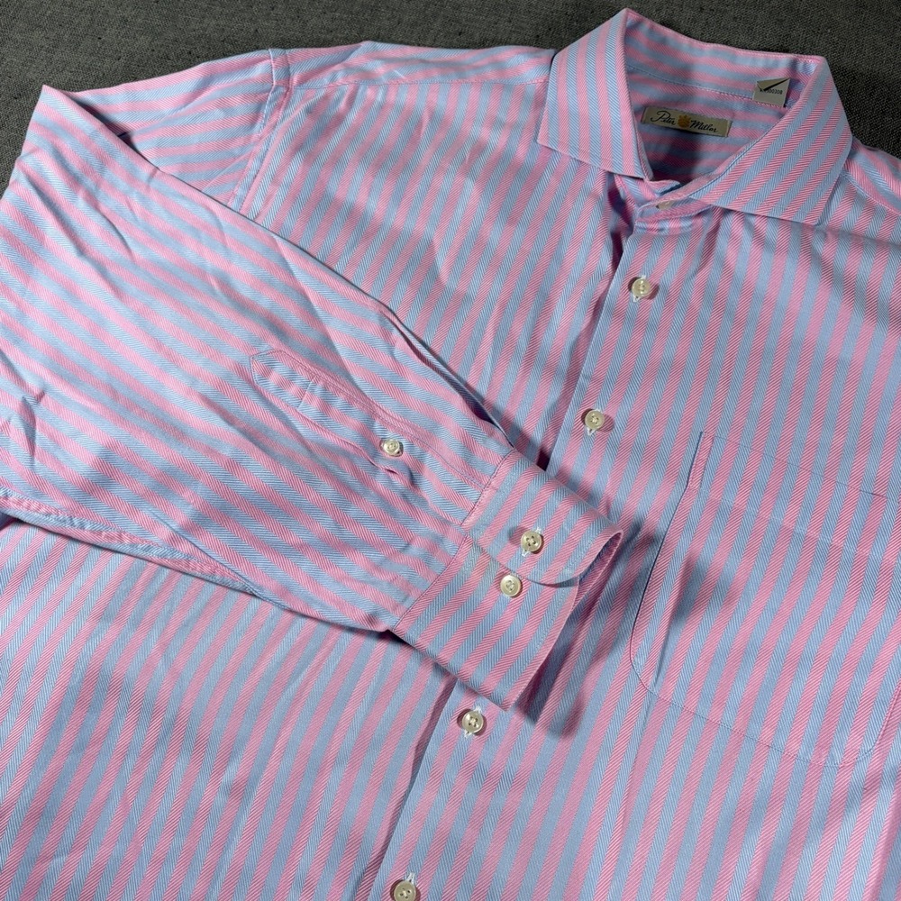 Peter Millar Button Down Shirt Mens XL Pink Blue Striped Twill Long Sleeve